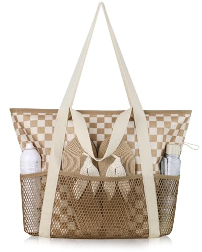 HOMESPON Strandtasche Damen mit Reißverschluss Große Wasserdicht Mesh Badetasche Familie Faltbar Beach Tote Bag Shopper,Kariert Braun Weiß von HOMESPON