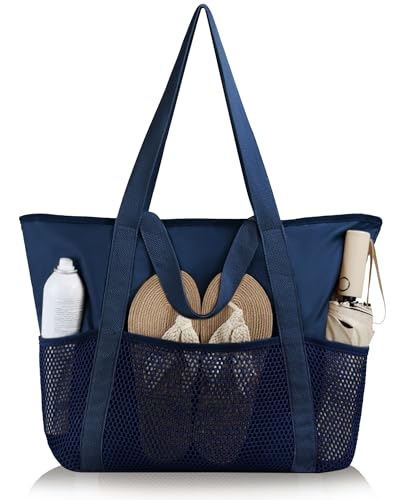 HOMESPON Strandtasche Damen mit Reißverschluss Große Wasserdicht Mesh Badetasche Familie Faltbar Beach Tote Bag Shopper,Tiefblau von HOMESPON