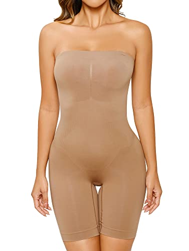 HOMETA Damen Shapewear Bodysuits Bauchkontrolle Po Lifter Body Shaper trägerlos nahtlos Mitte Oberschenkel Jumpsuit Tops, Braun, XL von HOMETA