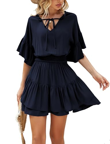 HOMEYEE Dame Elegantes V-Ausschnitt Kurzarm Rüschenärmel Mini Sommerkleid Freizeitkleid Strand Cocktailkleid Swing Minikleid A357 (M, Marineblau) von HOMEYEE