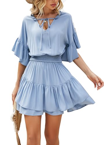 HOMEYEE Dame Elegantes V-Ausschnitt Kurzarm Rüschenärmel Mini Sommerkleid Freizeitkleid Strand Cocktailkleid Swing Minikleid A357 (XL, Hellblau) von HOMEYEE