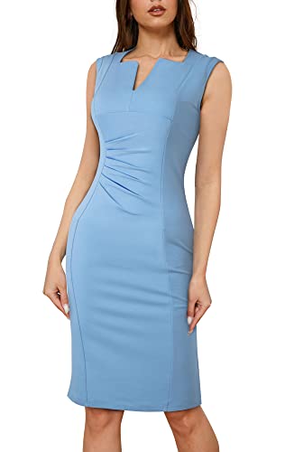 HOMEYEE Damen Elegant Ärmellos Retro Cocktail Bodycon Etuikleid mit V-Ausschnitt Business Knielang Bleistiftkleid B722 (L, Hellblau) von HOMEYEE