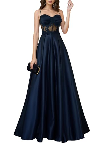 HOMEYEE Damen Elegant Floral Spitze Spaghetti Träger Träger Lang Brautjungfernkleid Abendkleide A-Linie Ballkleid A491 (L, Marineblau) von HOMEYEE