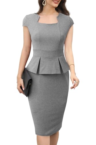 HOMEYEE Damen Elegant Flügelärmel Schößchen Einfarbig Cocktailkleid Retro Arbeit Büro Bleistiftkleid B992 (M, Grau) von HOMEYEE