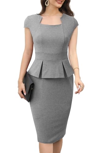 HOMEYEE Damen Elegant Flügelärmel Schößchen Einfarbig Cocktailkleid Retro Arbeit Büro Bleistiftkleid B992 (XXL, Grau) von HOMEYEE