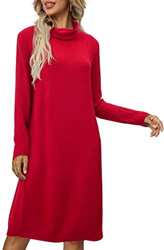 HOMEYEE Damen Elegant Herbst Winter Rollkragen Strickkleid Midi Freizeit Pullover Kleid (S, Rot) von HOMEYEE