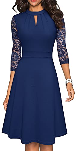 HOMEYEE Damen Elegant Hollow Out Spitze Swing Retro Party Cocktailkleid A234 (L, Dunkelblau) von HOMEYEE