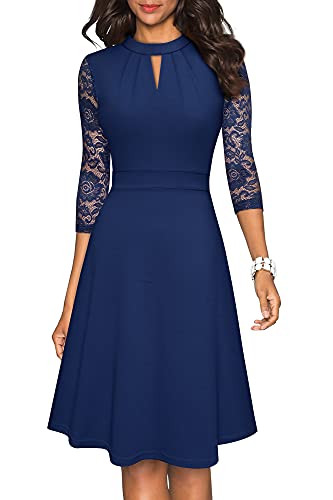 HOMEYEE Damen Elegant Hollow Out Spitze Swing Retro Party Cocktailkleid A234 (M, Dunkelblau) von HOMEYEE