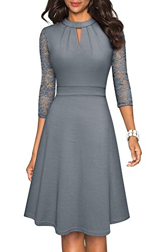 HOMEYEE Damen Elegant Hollow Out Spitzenärmel Swing Retro Party Cocktailkleid A234 (L, Grau) von HOMEYEE