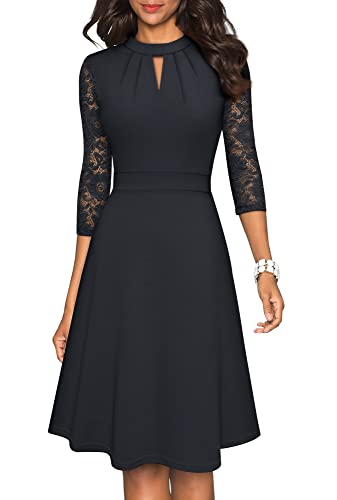 HOMEYEE Damen Elegant Hollow Out Spitzenärmel Swing Retro Party Cocktailkleid A234 (L, Schwarz) von HOMEYEE