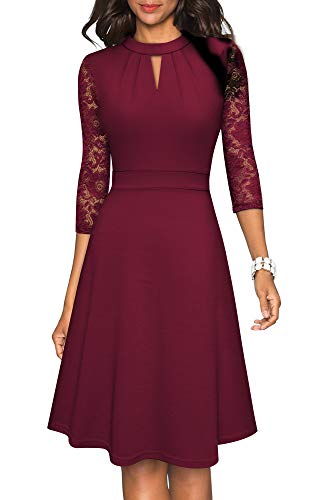 HOMEYEE Damen Elegant Hollow Out Spitzenärmel Swing Retro Party Cocktailkleid A234 (S, Burgund) von HOMEYEE