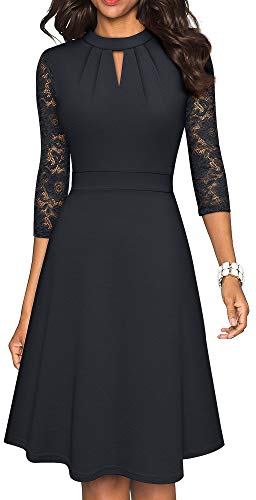 HOMEYEE Damen Elegant Hollow Out Spitzenärmel Swing Retro Party Cocktailkleid A234 (XL, Schwarz) von HOMEYEE