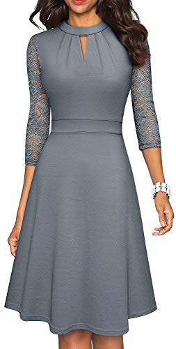 HOMEYEE Damen Elegant Hollow Out Spitzenärmel Swing Retro Party Cocktailkleid A234 (XL, Grau) von HOMEYEE