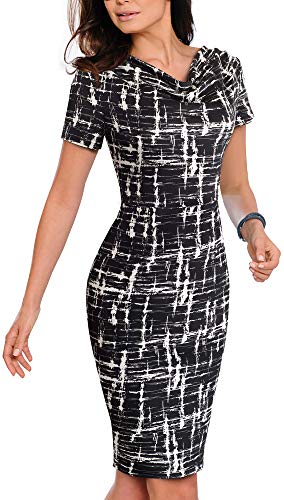 HOMEYEE Damen Elegant Kontrastfarbe Kurzarm Sommer Business Bleistiftkleid B452 (L, Schwarz) von HOMEYEE