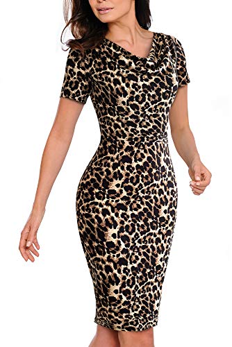 HOMEYEE Damen Elegant Kontrastfarbe Kurzarm Sommer Business Bleistiftkleid B452 (XXL, Leopard) von HOMEYEE