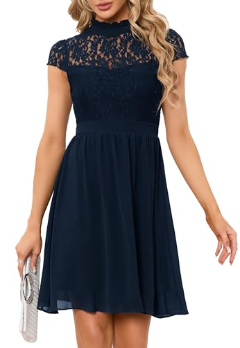 HOMEYEE Damen Elegant Kurzarm Blumen Spitze Abendkleid für Hochzeit Rockabilly Chiffon Cocktailkleid A372 (L, Dunkelblau) von HOMEYEE