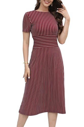 HOMEYEE Damen Elegant Kurzarm Rockabilly Gestreift Farbblock Freizeitkleid Midi Swing Büro Festlich Sommerkleid A449 (L, Dunkelrot) von HOMEYEE