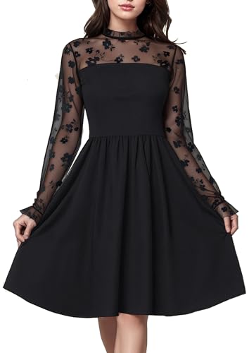 HOMEYEE Damen Elegant Langarm Stehkragen Retro Abendkleid Floral Mesh Knielang Cocktailkleid A498 (XL, Schwarz) von HOMEYEE