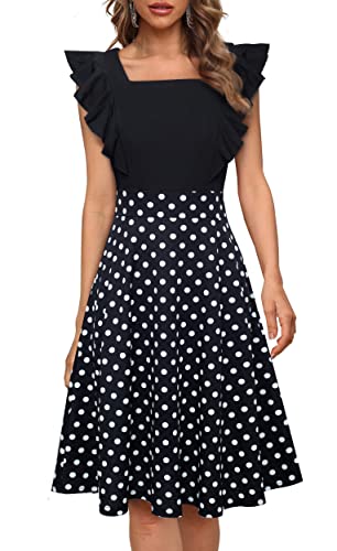 HOMEYEE Damen Elegant Rüschenärmel Rockabilly Knielang Blumen Party Cocktailkleid mit Taschen A312 (L, Gepunktet) von HOMEYEE