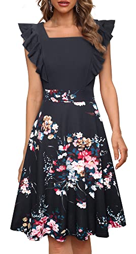 HOMEYEE Damen Elegant Rüschenärmel Rockabilly Knielang Blumen Party Cocktailkleid mit Taschen A312 (M, Schwarz + Blumen) von HOMEYEE