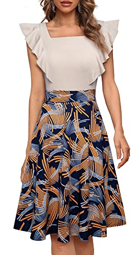 HOMEYEE Damen Elegant Rüschenärmel Rockabilly Knielang Blumen Party Cocktailkleid mit Taschen A312 (XL, Beige + Blumen) von HOMEYEE