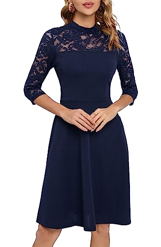 HOMEYEE Damen Elegant Spitze 3/4 Ärmel Rockabilly Kleid Retro Knielang Cocktailkleid für Hochzeit A368 (L, Marineblau) von HOMEYEE