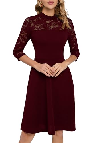 HOMEYEE Damen Elegant Spitze 3/4 Ärmel Rockabilly Kleid Retro Knielang Cocktailkleid für Hochzeit A368 (M, Dunkelrot) von HOMEYEE