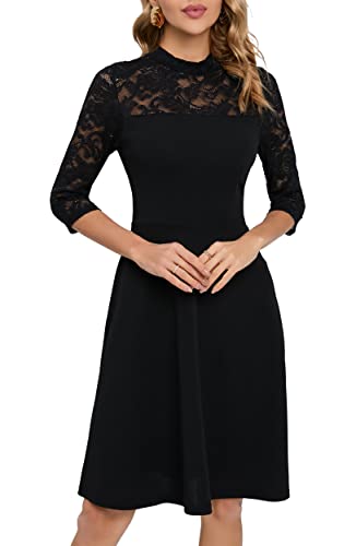 HOMEYEE Damen Elegant Spitze 3/4 Ärmel Rockabilly Kleid Retro Knielang Cocktailkleid für Hochzeit A368 (M, Schwarz) von HOMEYEE