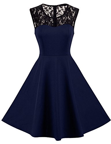 HOMEYEE Damen Elegant Spitze Rundhalsausschnitt Ärmel Mesh-A-Linie Kleid UKA008 (EU 36 (Herstellergroesse: S), Dunkelblau) von HOMEYEE