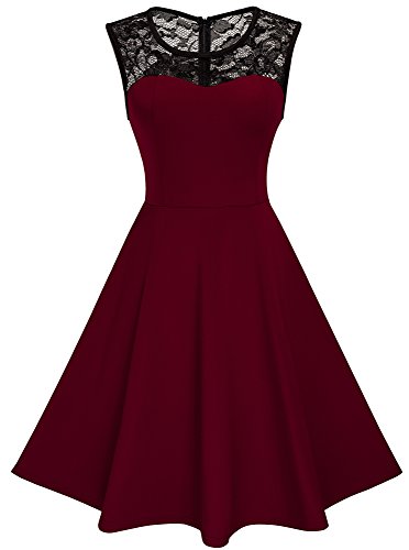 HOMEYEE Damen Elegant Spitze Rundhalsausschnitt Ärmel Mesh-A-Linie Kleid UKA008 (EU 40 (Herstellergroesse: L), Dunkelrot) von HOMEYEE