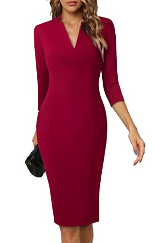 HOMEYEE Damen Elegant V-Ausschnitt 3/4 Ärmel Cocktail Retro Bodycon Bleistiftkleid Business Midi Etuikleid B760 (XL, Burgund) von HOMEYEE