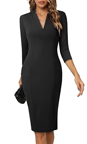 HOMEYEE Damen Elegant V-Ausschnitt 3/4 Ärmel Cocktail Retro Bodycon Bleistiftkleid Business Midi Etuikleid B760 (XL, Schwarz) von HOMEYEE
