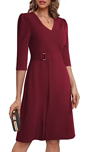 HOMEYEE Damen Elegant V-Ausschnitt 3/4 Ärmel Kleid für Hochzeit Swing Vintage Business Cocktailkleid A322 (XL, Burgund) von HOMEYEE