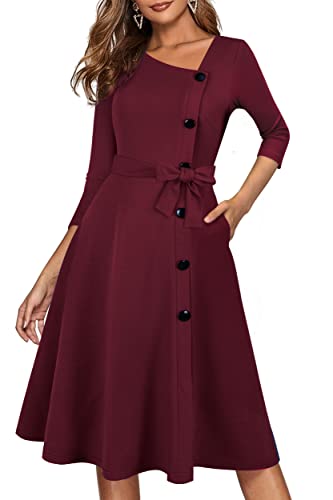 HOMEYEE Damen Elegant V-Ausschnitt 3/4 Ärmel Kleider für Hochzeit Knielang Vintage Cocktailkleid mit Taschen A250 (XXL, Burgund) von HOMEYEE