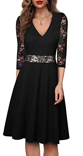 HOMEYEE Damen Elegant V-Ausschnitt 3/4 Ärmel Spitze Swing Vintage Party Cocktailkleid A345 (M, Schwarz) von HOMEYEE