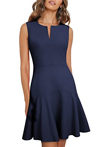 HOMEYEE Damen Elegant V-Ausschnitt Ärmellos Rockabilly Swing Sommer Freizeitkleid Mini Business Cocktailkleid A311 (XL, Marineblau) von HOMEYEE