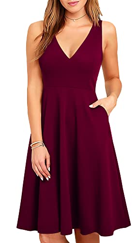 HOMEYEE Damen Elegant V-Ausschnitt Ärmelloses Einfaches Sommer Party Freizeitkleid mit Taschen A293 (L, Burgund) von HOMEYEE