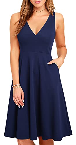HOMEYEE Damen Elegant V-Ausschnitt Ärmelloses Einfaches Sommer Party Freizeitkleid mit Taschen A293 (S, Marineblau) von HOMEYEE