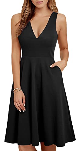 HOMEYEE Damen Elegant V-Ausschnitt Ärmelloses Einfaches Sommer Party Freizeitkleid mit Taschen A293 (S, Schwarz) von HOMEYEE