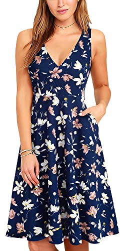 HOMEYEE Damen Elegant V-Ausschnitt Ärmelloses Einfaches Sommer Party Freizeitkleid mit Taschen A293 (XL, Dunkelblau + Blumen) von HOMEYEE