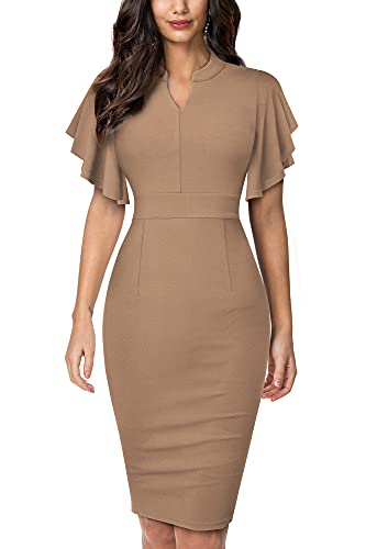 HOMEYEE Damen Elegant V-Ausschnitt mit Rüschen Sleeve Stretch Party Kleid B572 (L, Braun) von HOMEYEE