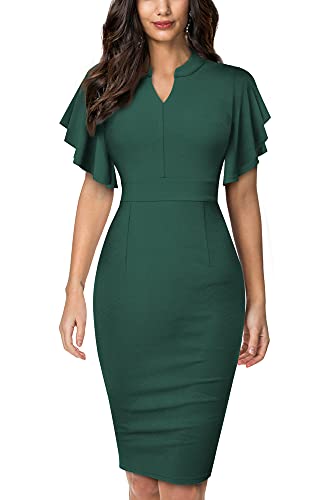 HOMEYEE Damen Elegant V-Ausschnitt mit Rüschen Sleeve Stretch Party Kleid B572 (M, Grün) von HOMEYEE