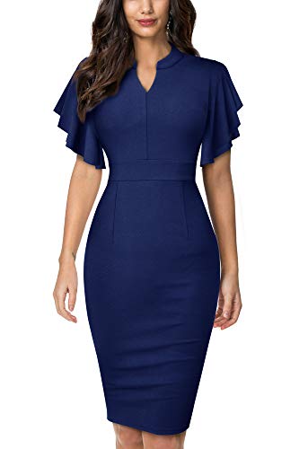 HOMEYEE Damen Elegant V-Ausschnitt mit Rüschen Sleeve Stretch Party Kleid B572 (S, Dunkelblau) von HOMEYEE