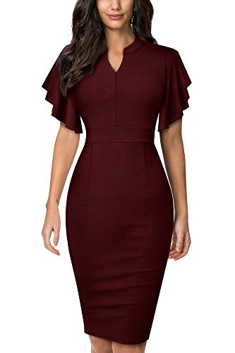 HOMEYEE Damen Elegant V-Ausschnitt mit Rüschen Sleeve Stretch Party Kleid B572 (XL, Dunkelrot) von HOMEYEE