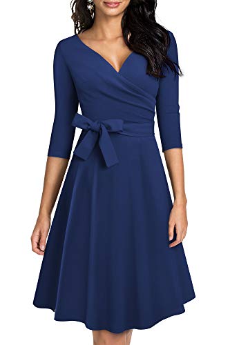 HOMEYEE Damen Retro 50s V-Ausschnitt mit Schärpe Swing Cocktail Party Kleid A240 (L, Dunkelblau) von HOMEYEE