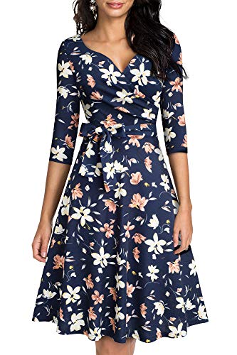 HOMEYEE Damen Retro 50s V-Ausschnitt mit Schärpe Swing Cocktail Party Kleid A240 (L, Dunkelblau + Gelb Blumen) von HOMEYEE