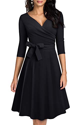 HOMEYEE Damen Retro 50s V-Ausschnitt mit Schärpe Swing Cocktail Party Kleid A240 (S, Schwarz) von HOMEYEE