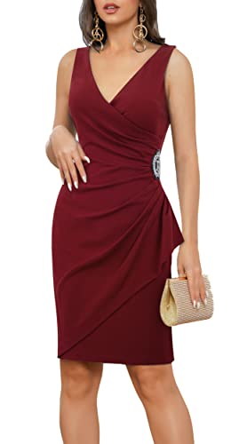 HOMEYEE Damen V-Ausschnitt Ärmellos Rüschen Peplum Bodycon Party Bleistiftkleid B706 (S, Burgund) von HOMEYEE