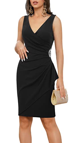 HOMEYEE Damen V-Ausschnitt Ärmellos Rüschen Peplum Bodycon Party Bleistiftkleid B706 (XL, Schwarz) von HOMEYEE