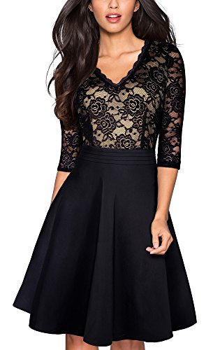 HOMEYEE Damen Vintage 3/4 Ärmel Floral Spitze Gestickte Cocktail Ausgestelltes Kleid A062(EU 44 = Size XXL,Schwarz) von HOMEYEE